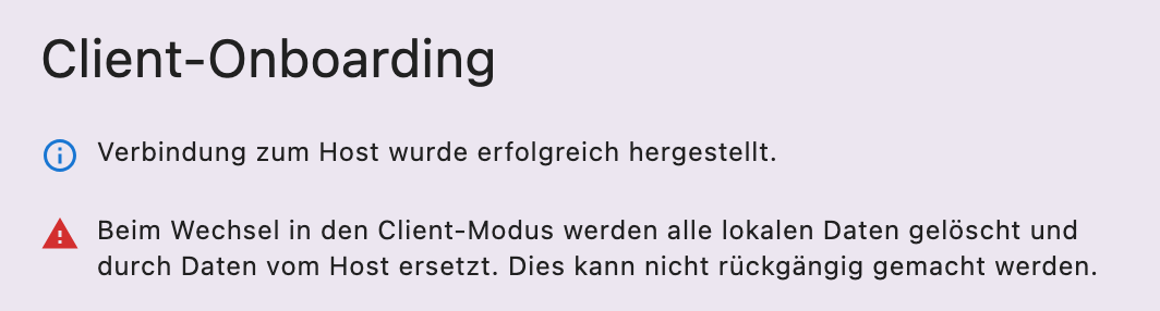 Warnung im Client-Onboarding: Lokale Daten werden entfernt und durch Host-Daten ersetzt