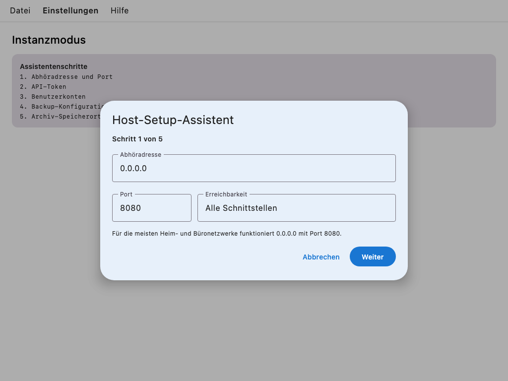 Host-Setup-Assistent mit den zentralen Feldern für den Server-Betrieb