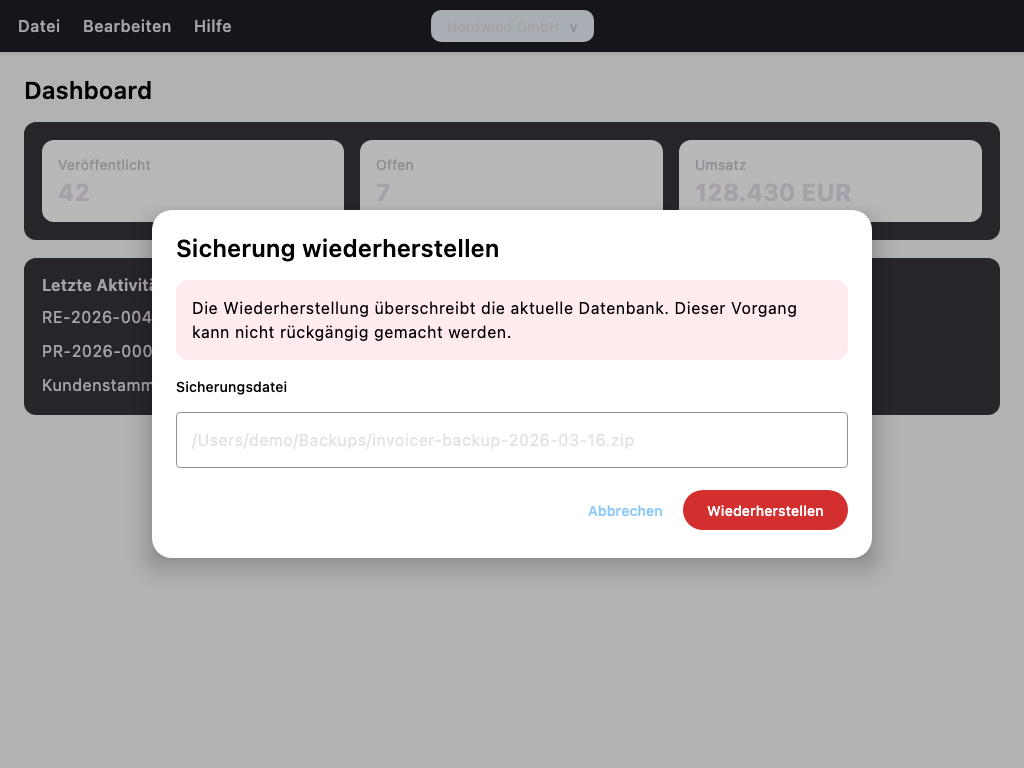 Wiederherstellungsdialog vor dem Wechsel in den Host-Betrieb